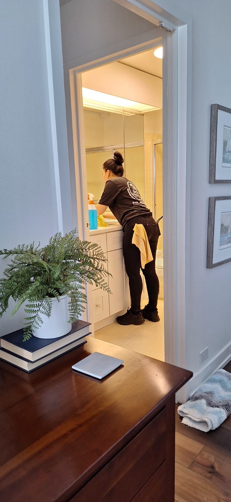 Professional OCD Cleaning specialist sanitizing and cleaning a bathroom.