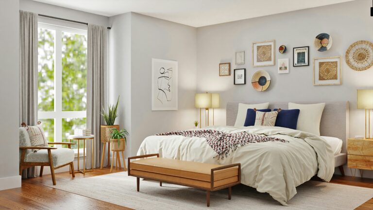 Beige bedroom with an open window and decorations on the wall. House cleaning services in Roscoe Village
