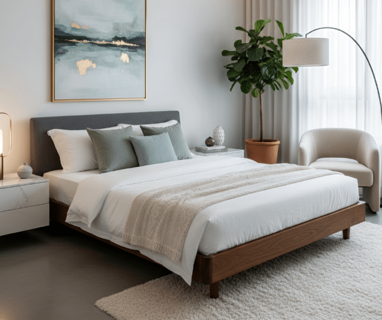 comfortable bedroom, cleaned by professionals